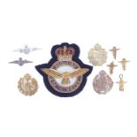 A group of RAF and related insignia including RCAF and RAAF cap badges and sweetheart brooches