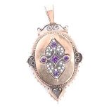 A Victorian 9 ct gold, amethyst and seed pearl pendant, of oval form with scroll and pellet