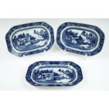 Three late 19th Century blue and white transfer printed shaped oblong dishes, 24.5 cm