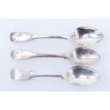 Three Scottish silver fiddle pattern teaspoons, two being 19th Century provincial, D Gray, Dumfries,