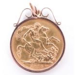 A 1915 gold sovereign in a yellow metal pendant frame, (tests as gold), 9.46 g