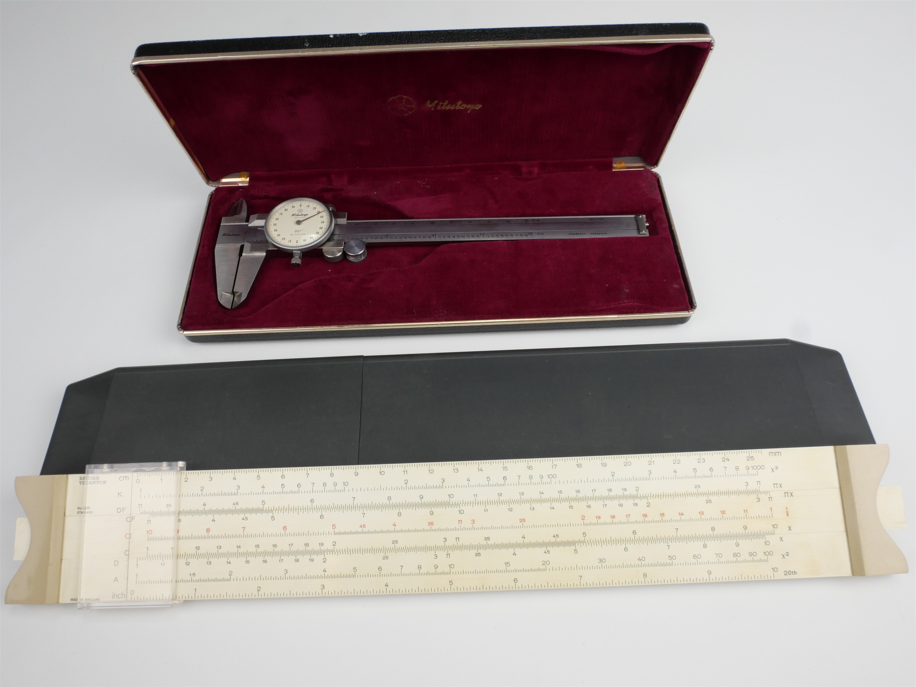 A cased Mitutoyo imperial dial gauge, 0 - 6 inch, model 505-626, and a cased slide rule - Image 2 of 2