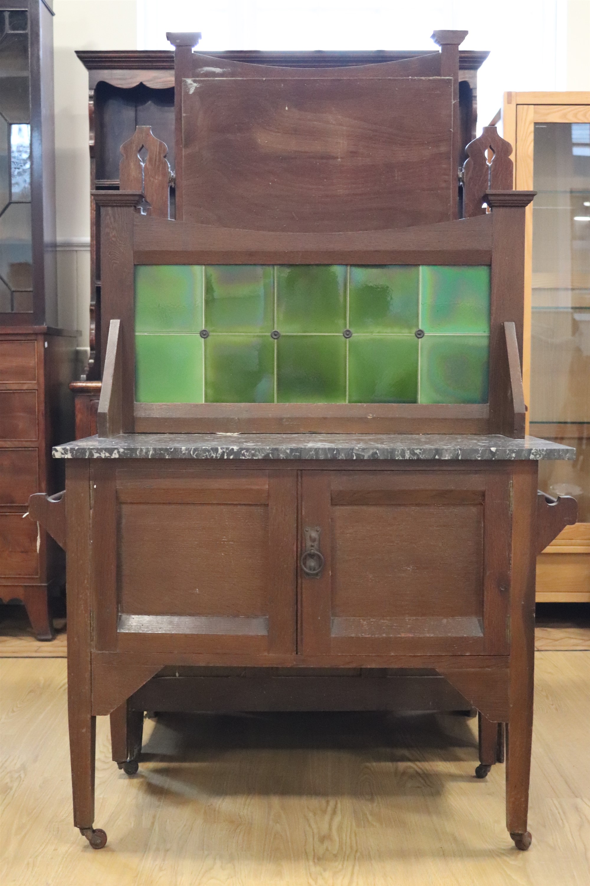 A late Victorian marble-topped and tile-backed oak wash stand together with a dressing chest