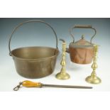 A small group of kitchenalia, comprising a copper kettle, a brass jam pan and a butchers steel