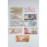 A group of world banknotes, including Reserve Bank of India Gandhi notes, Turkish, Greek etc