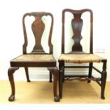 Two early Georgian rush seated walnut / mahogany standard chairs