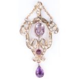 A Belle Epoque amethyst, pearl and 9 ct yellow metal open-work pendant, 49 mm, 3.5 g