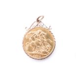 A 1912 gold Sovereign in a yellow metal pendant frame, (tests as gold), 8.78 g