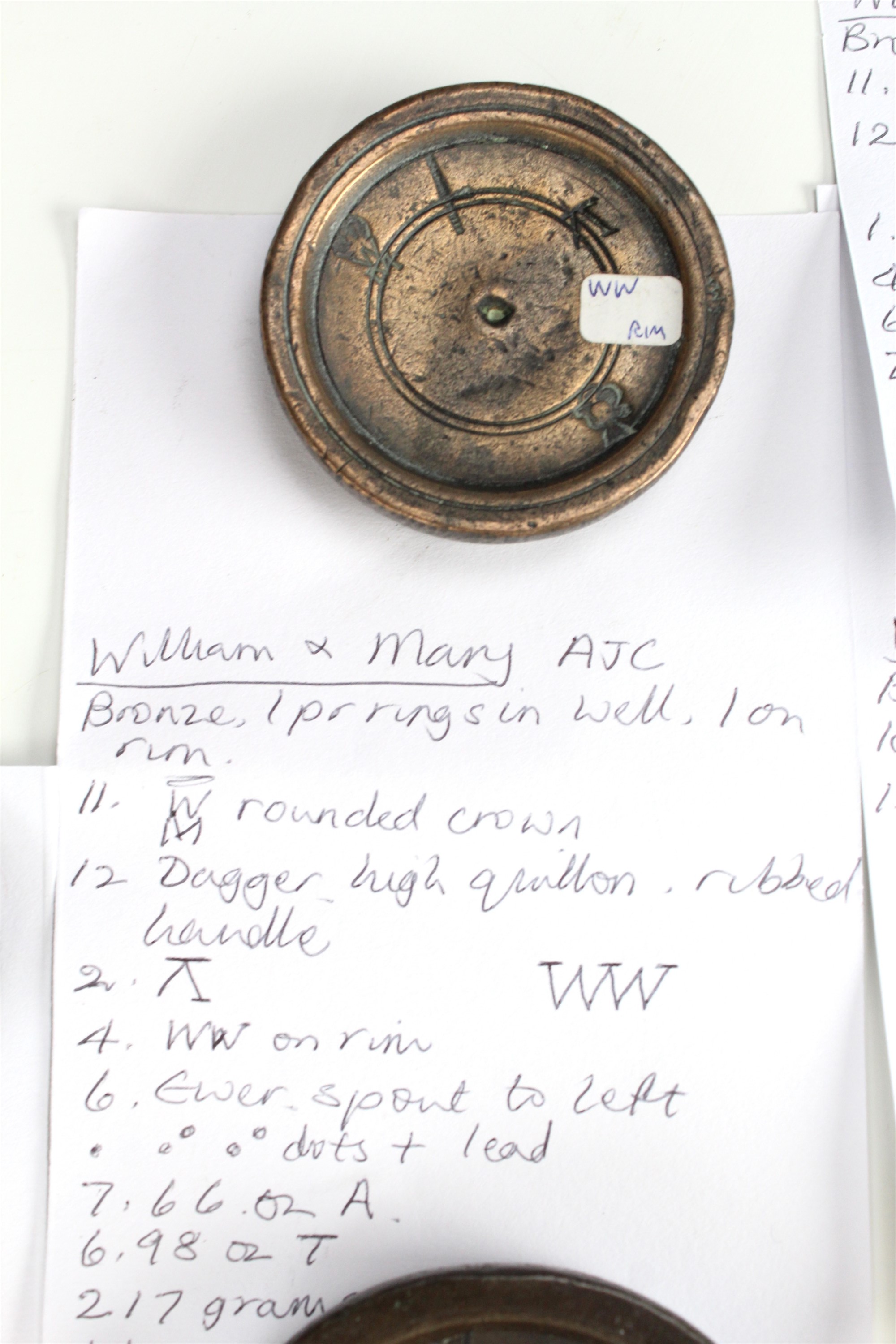 14 William and Mary bronze trade weights, including marks for 'Gloucester Co', and a chequerboard - Image 6 of 7