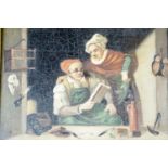 A pair of 19th Century studies of an artisan, his wife and young boy variously at work and rest, oil