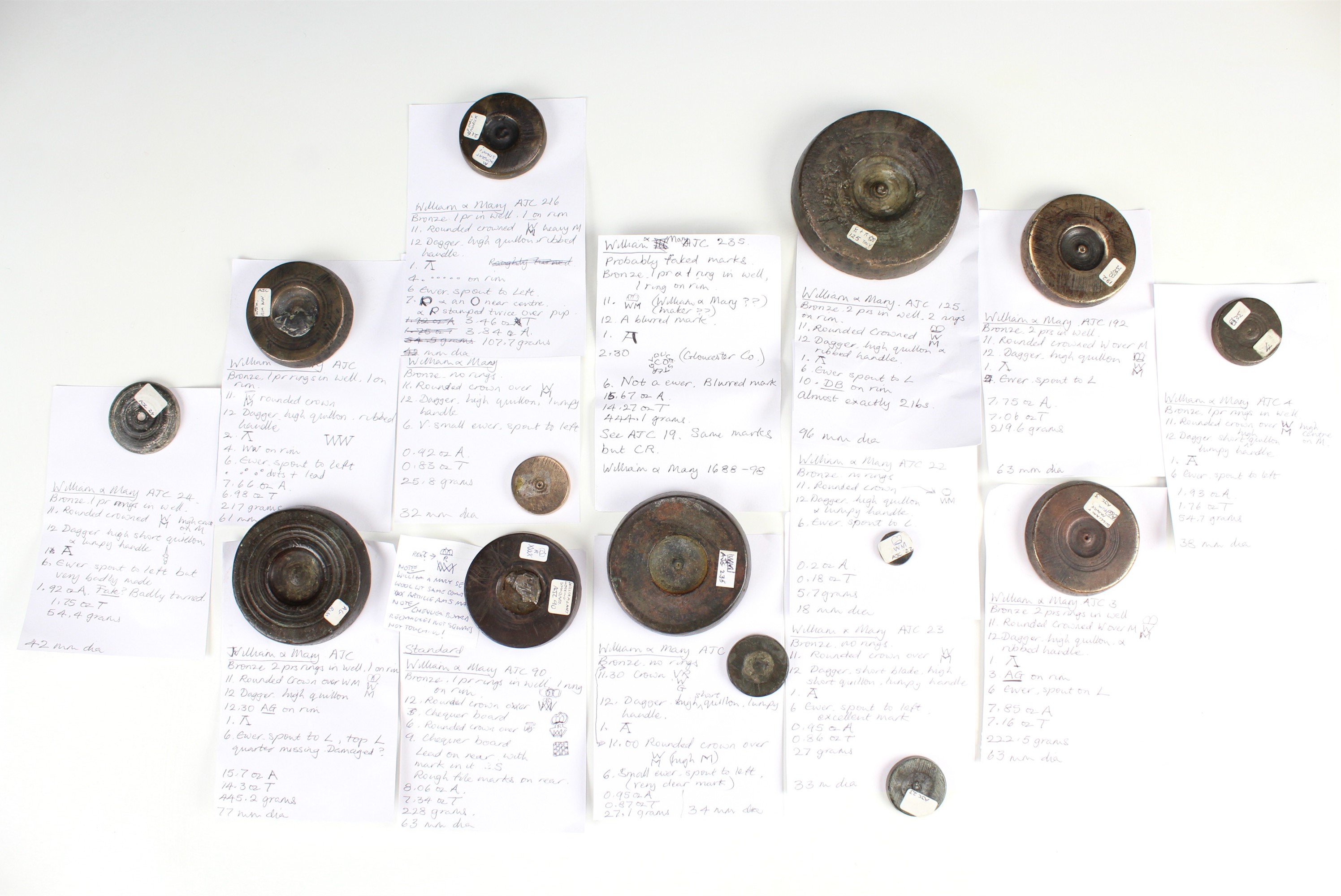 14 William and Mary bronze trade weights, including marks for 'Gloucester Co', and a chequerboard - Image 7 of 7