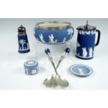 A quantity of 20th Century Wedgwood Jasperware, comprising an electroplate mounted Portland blue