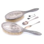 A pair of Edwardian silver backed hand brushes, Birmingham, 1913, (a/f), together with a butter