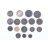 A group of early coins, including a George III silver crown, two 1797 "Cartwheel" pennies, a