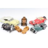 A small group of larger scale vintage play-worn diecast cars and wooden cars, including Burago, etc