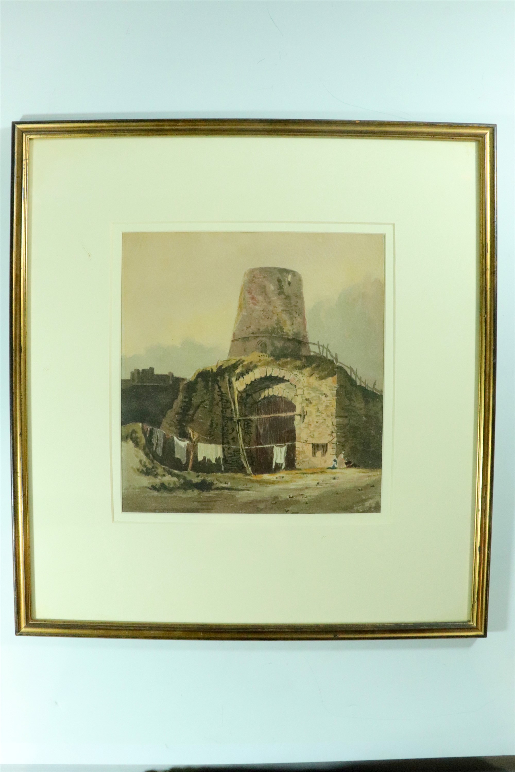 An early 19th Century watercolour study of a broch-like dwelling, dated 1817 verso, in double card - Image 3 of 4