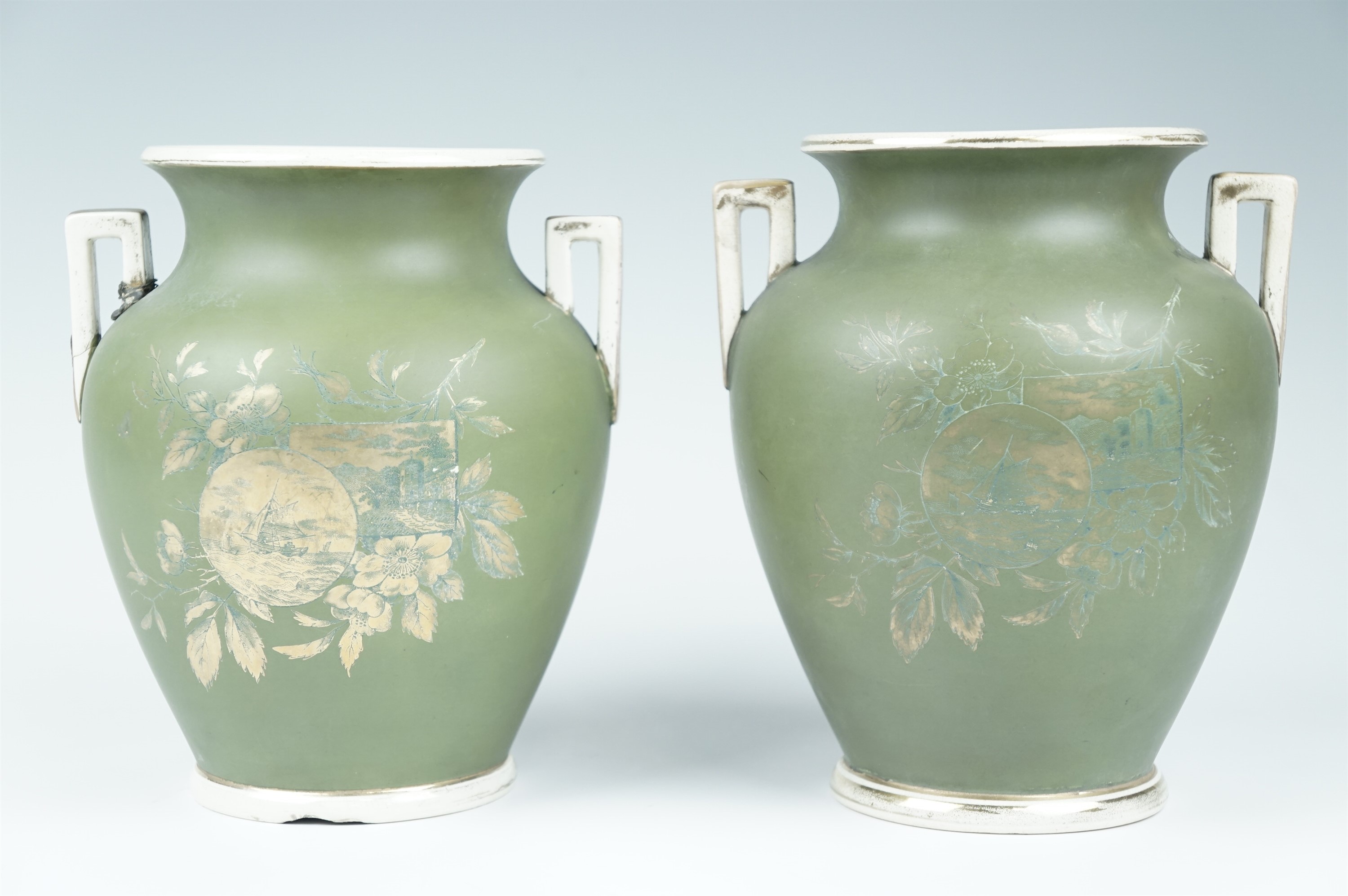 A pair of Victorian vases by Charles Barlow, of ovoid shape, having a green satin body and bearing - Image 4 of 4