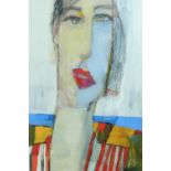 Jonathan Hood (Contemporary) "Beach Girl", dynamic, stylized, head and shoulders portrait, mixed