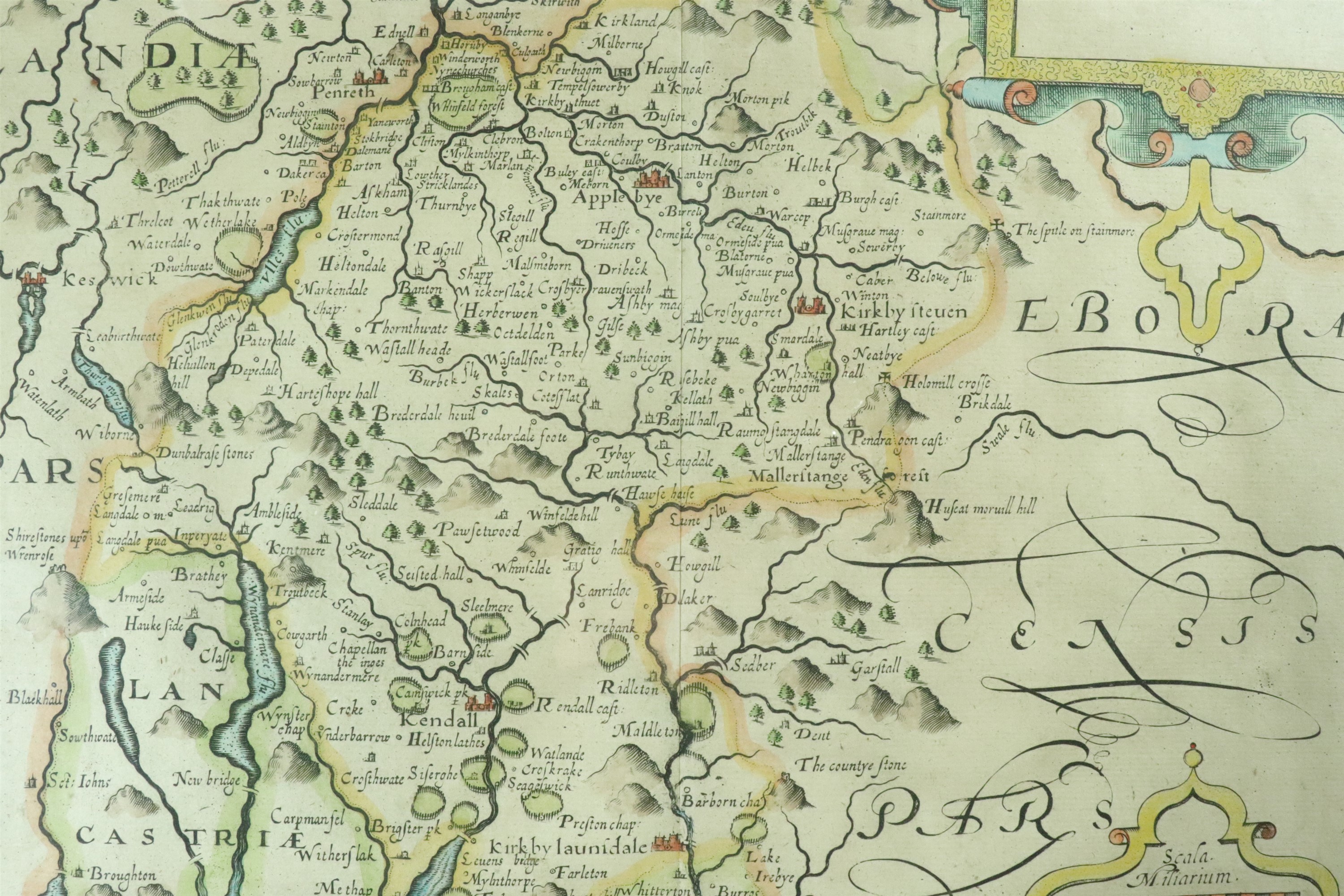 Christopher Saxton An early 17th Century map of Westmorland, watercolour tinted engraving,