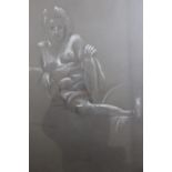A study of a reclining female nude, poised confidently looking at the viewer, charcoal and chalk, in