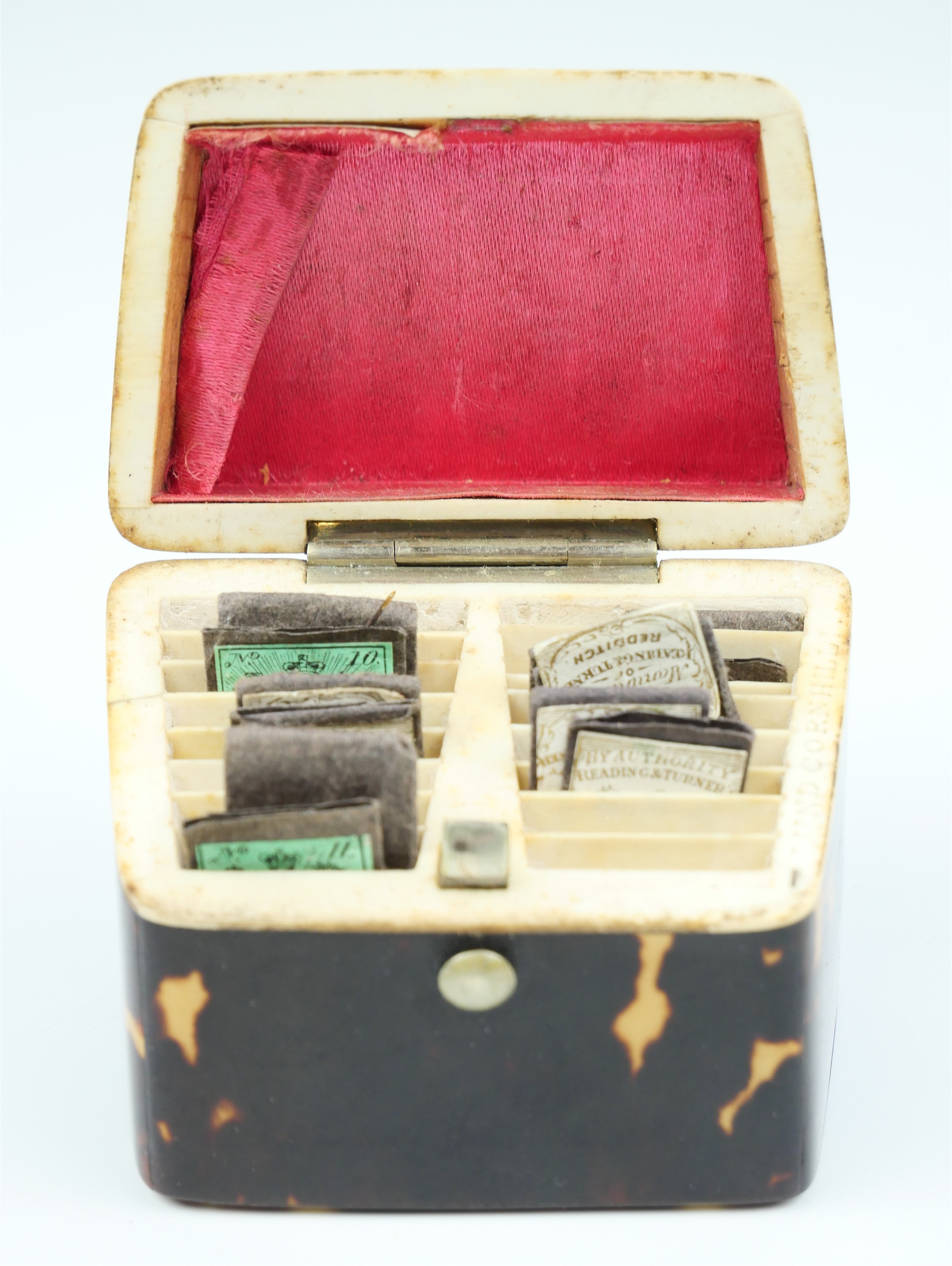 A Victorian tortoiseshell table top needle box by Lund, of trapezoidal form having a vacant - Image 2 of 2