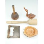 A group of treen, comprising a mason's mallet, a carved duck, a bur wood dish, a wooden kitchen
