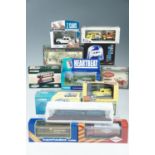 A group of boxed Corgi diecast cars, buses, etc, including a Corgi Classics "Eddie Stobart 30202", a