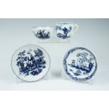 Two 18th Century blue and white tea bowls and saucers, Lowestoft and Liverpool, largest saucer 13.