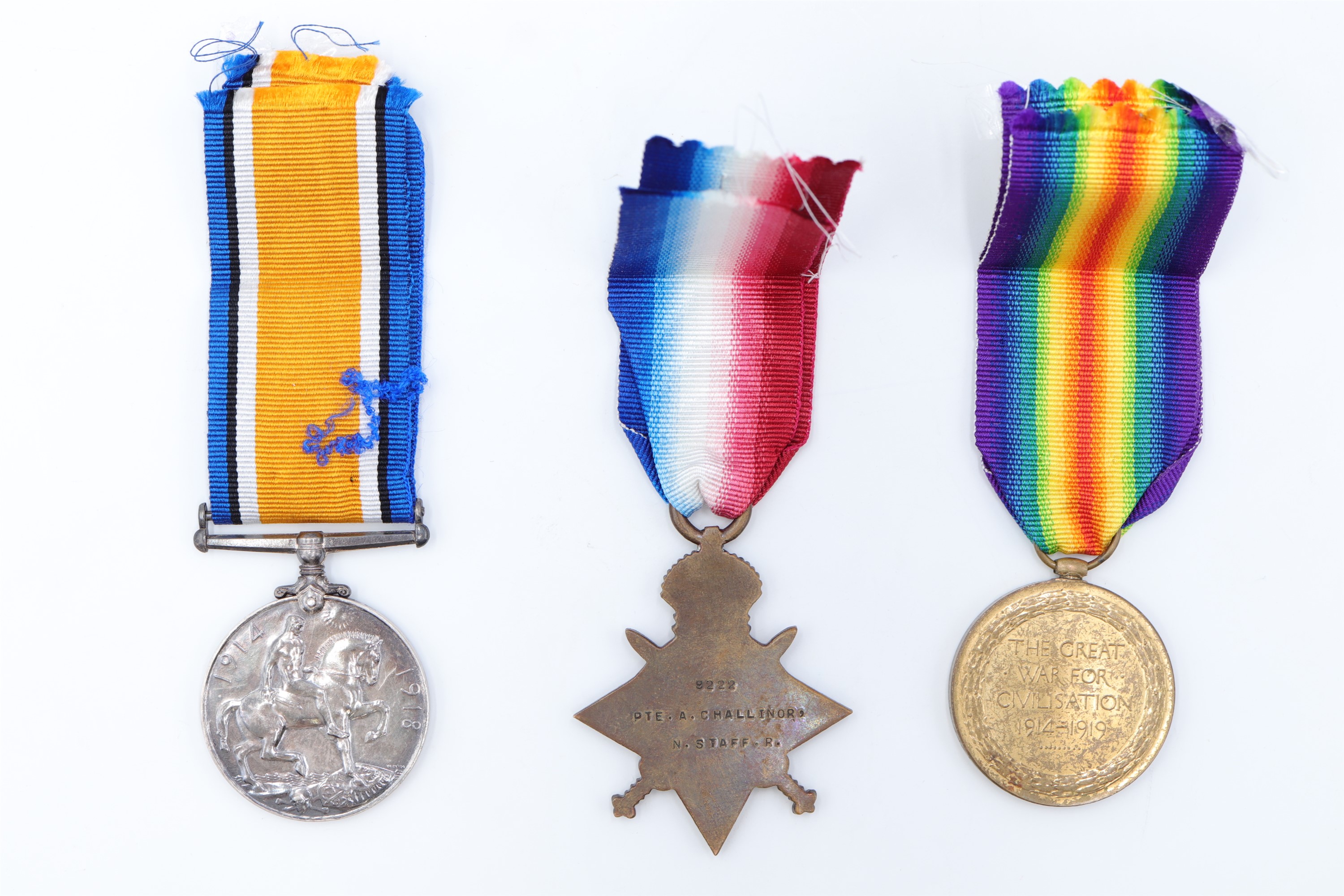 A 1914-15 Star with British War and Victory Medals to 9222 Pte A Challinor, North Staffordshire - Image 3 of 16