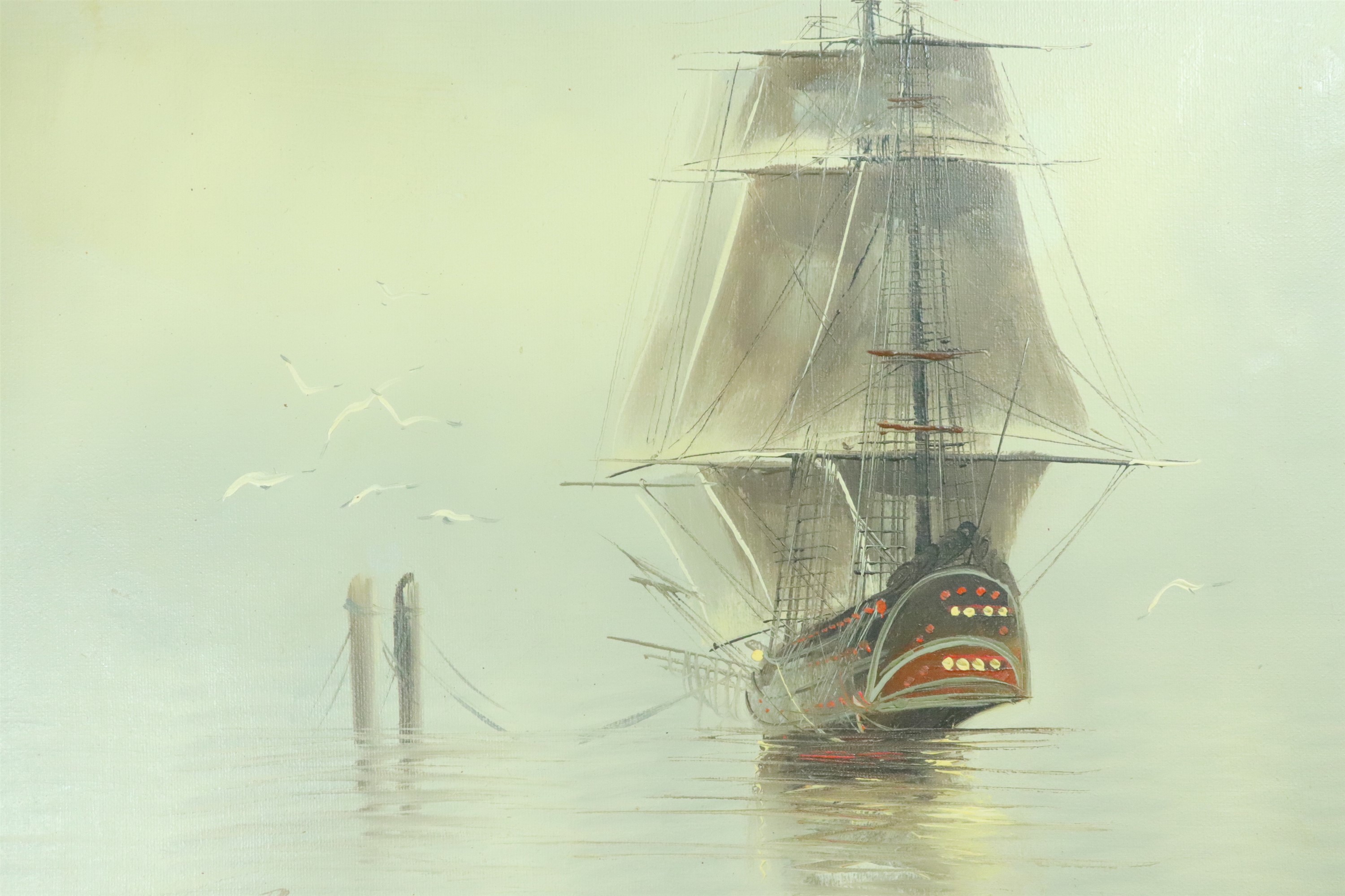 Bannon (20th Century) A misty seascape depicting a docked sailing ship with surrounding seagulls, - Image 2 of 4