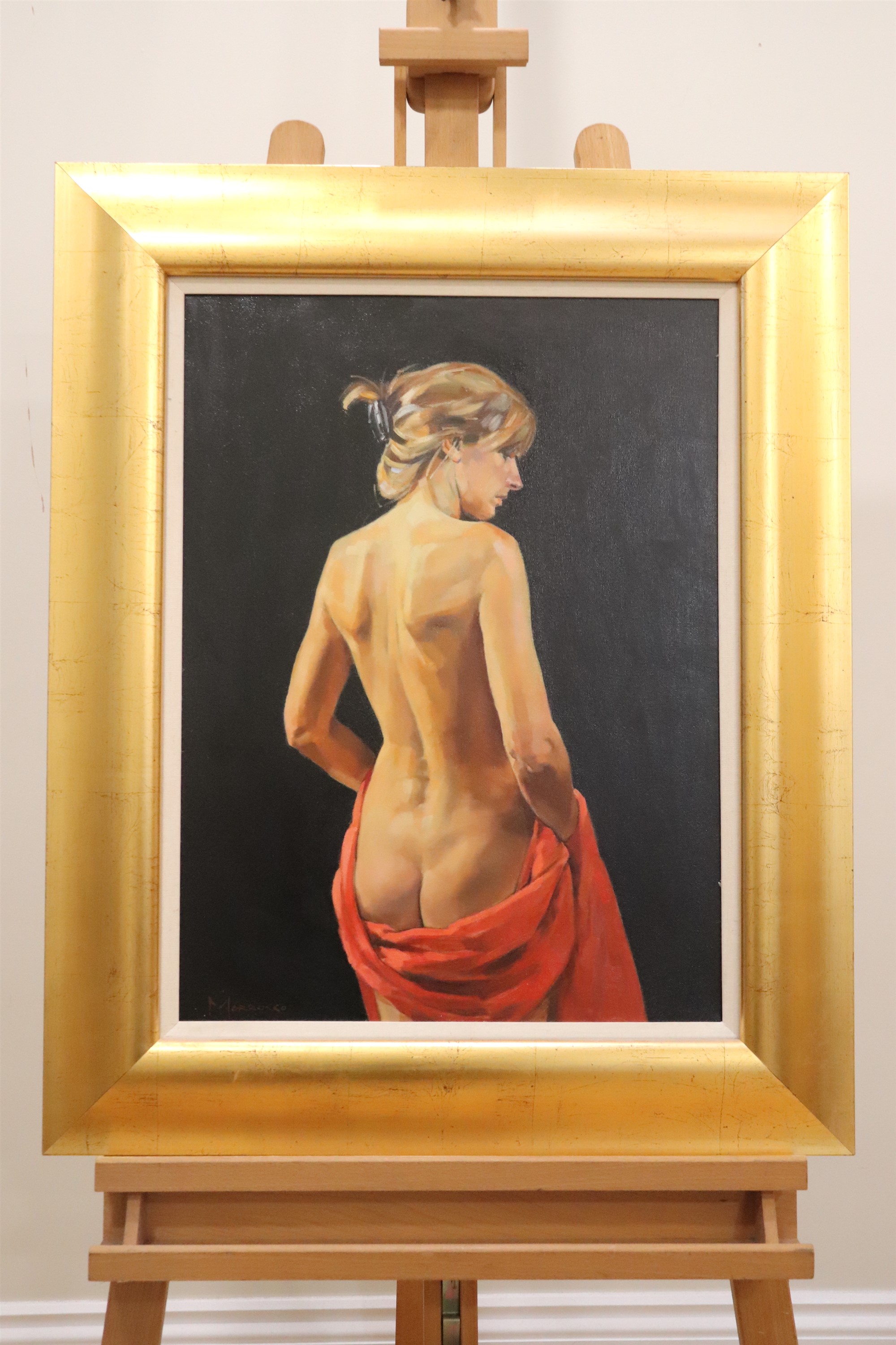 Jack Morrocco (Scottish, Contemporary) "Nude with red drape", chiaroscuro oil on canvas, Thompson' - Image 3 of 4