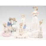 Six Nao figurines, girl with flowers, boy and girl on bench etc, tallest 30 cm