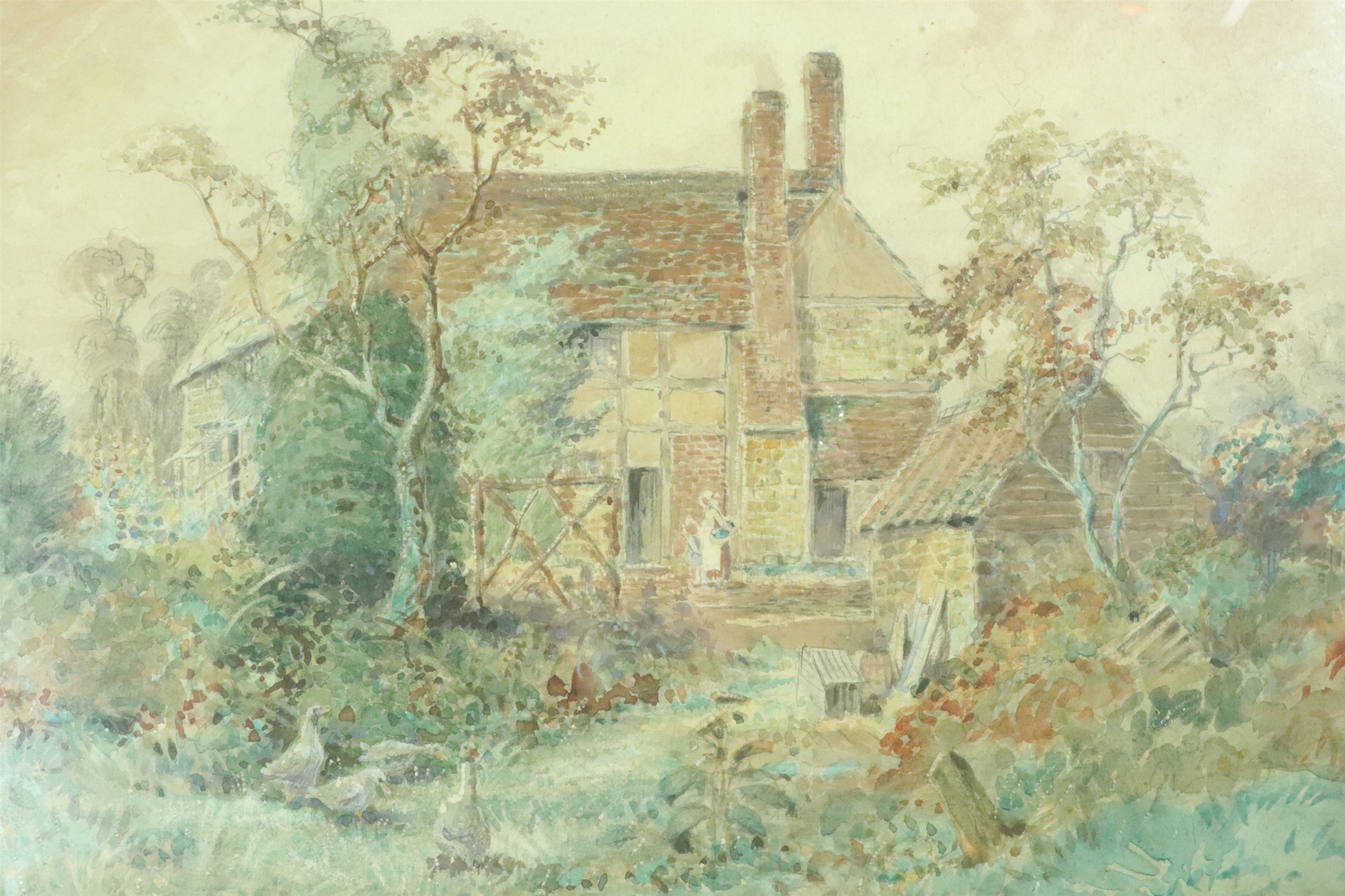 Wallace Hester (British, early 20th Century) A rural, autumnal farmstead scene with figures at