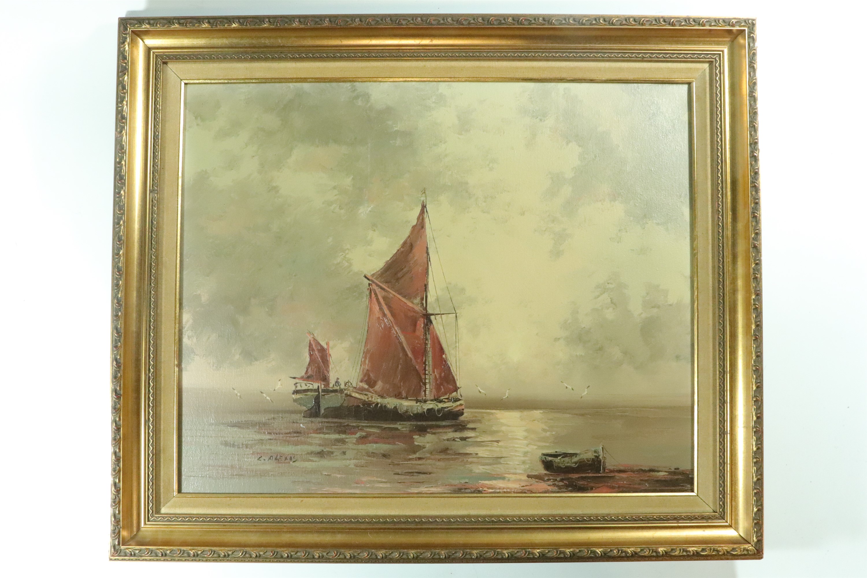 C Alexis (20th Century) An impressionist seascape with a moored fishing boat and a sailing boat - Image 4 of 4