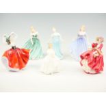 Six Royal Doulton figurines, Sarah, Isabel, Top of the Hill, Melissa, Karen and Heather, tallest