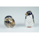 Two Royal Crown Derby paperweights, rockhopper penguin and owl, with gold stoppers