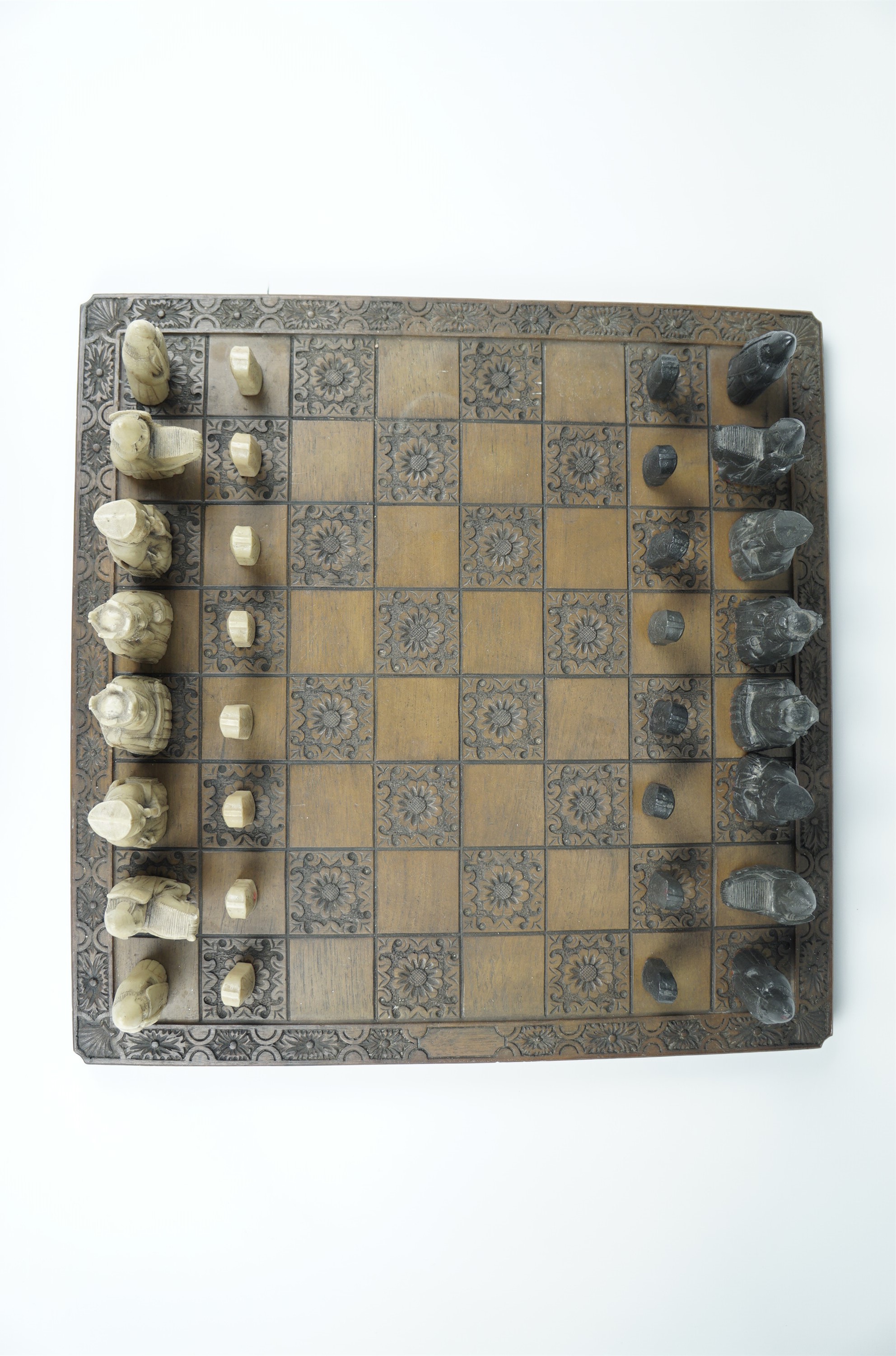 A vintage carved wood chess board, together with a set of Lewis style chess pieces, and one other - Image 2 of 8