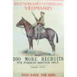 A reproduction early 20th Century Westmorland & Cumberland Yeomanry recruitment poster, in gilt slip