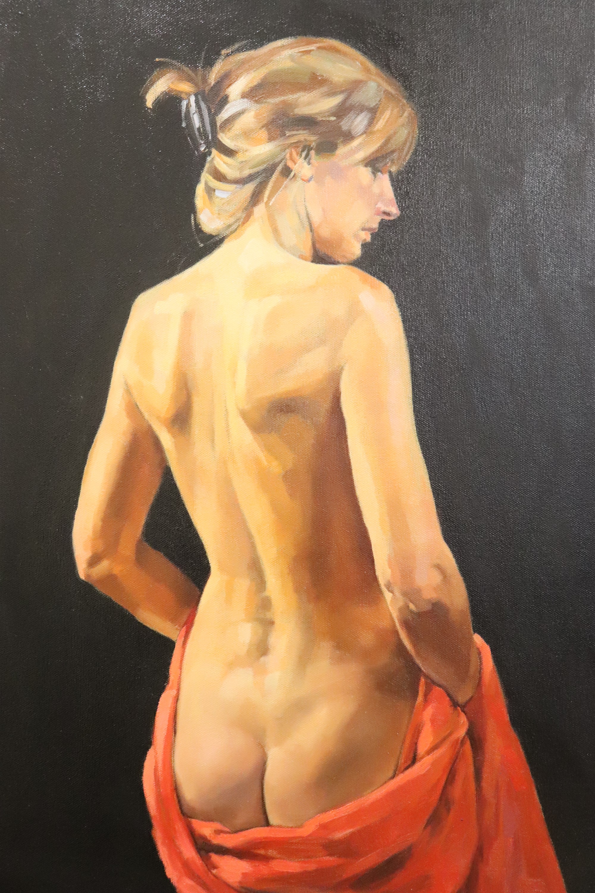 Jack Morrocco (Scottish, Contemporary) "Nude with red drape", chiaroscuro oil on canvas, Thompson'