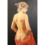 Jack Morrocco (Scottish, Contemporary) "Nude with red drape", chiaroscuro oil on canvas, Thompson'