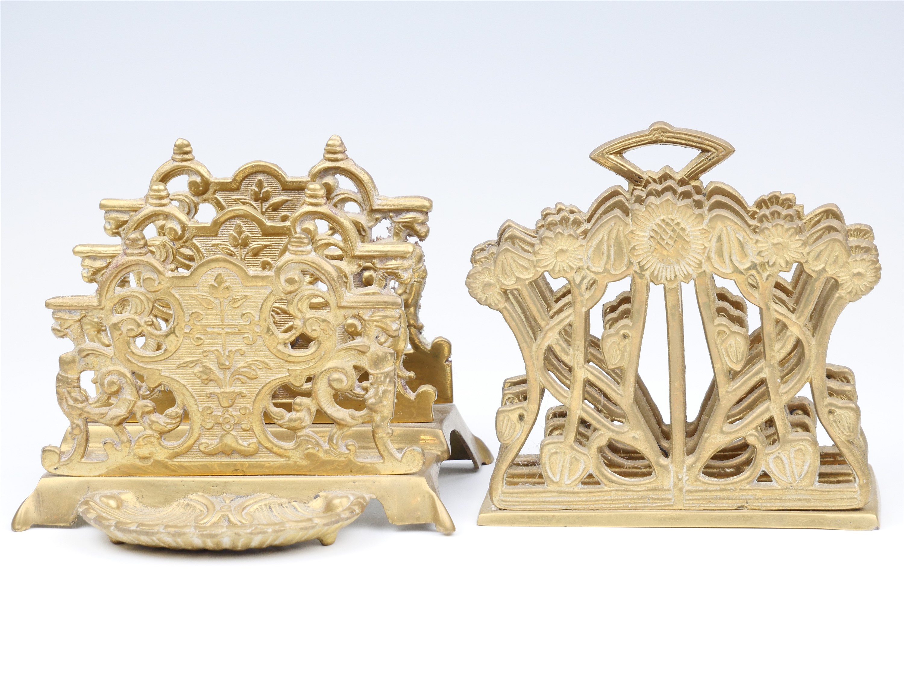 Two late 20th Century cast brass letter racks, respectively in Arts and Crafts and Baroque style, - Image 2 of 2