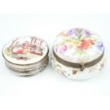 Two 19th Century pill boxes, comprising a circular bodied electroplate box, having a hand painted