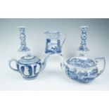 A Spode Italian ware teapot together with an Arcadian jug, candlesticks etc