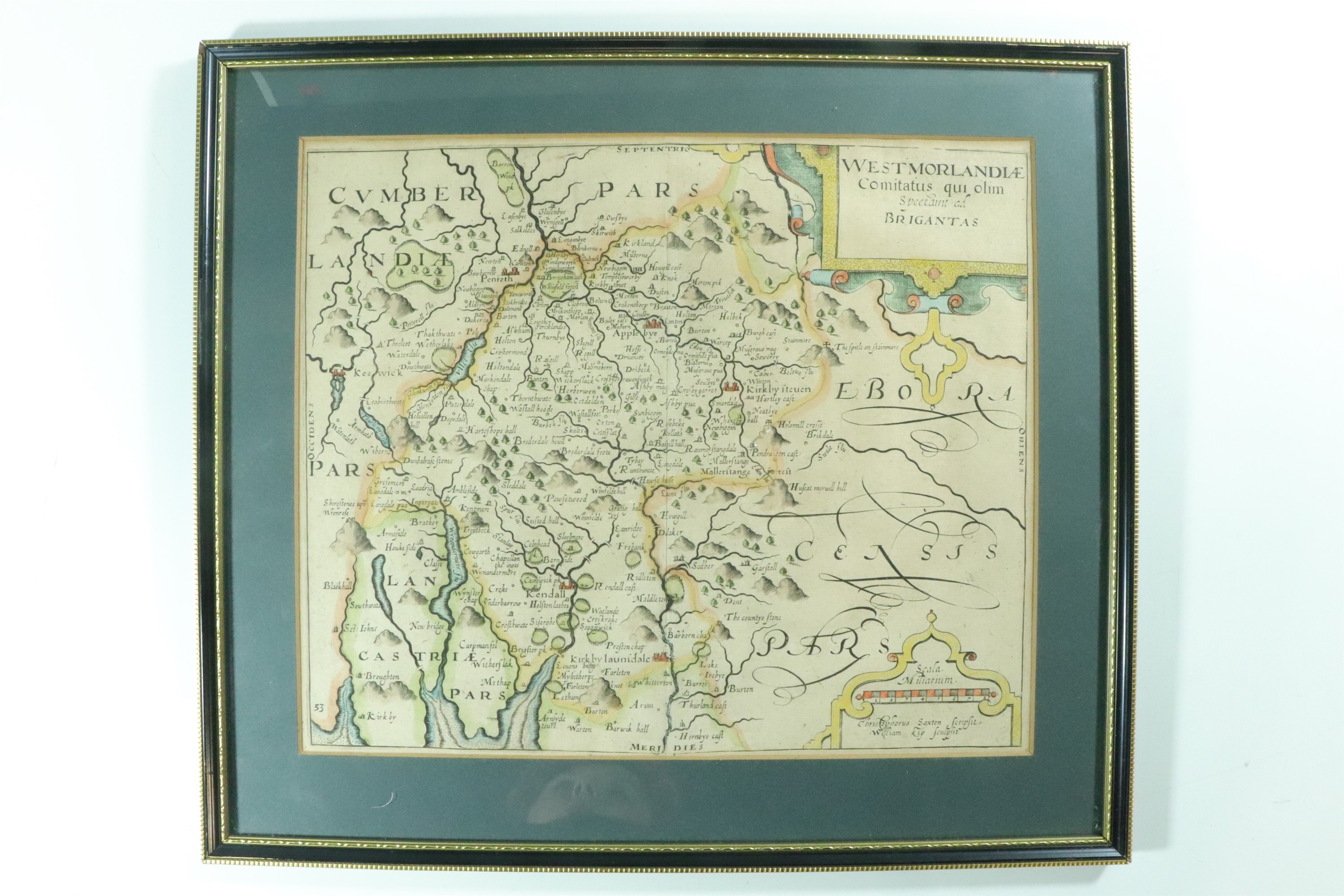 Christopher Saxton An early 17th Century map of Westmorland, watercolour tinted engraving, - Image 4 of 4