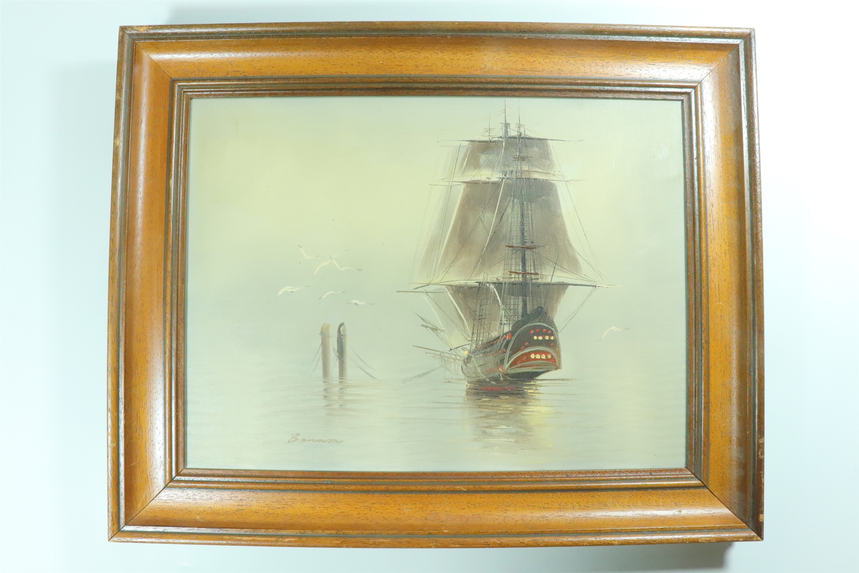 Bannon (20th Century) A misty seascape depicting a docked sailing ship with surrounding seagulls, - Image 3 of 4