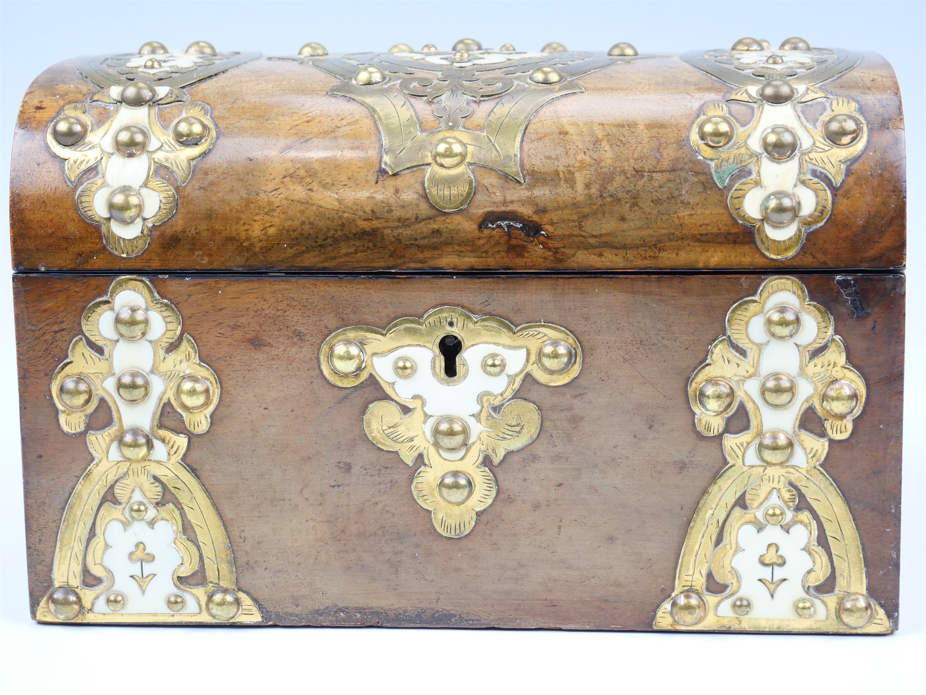 A Victorian walnut veneered dome top two compartment tea caddy, decorated with ivory, and pierced - Image 2 of 4