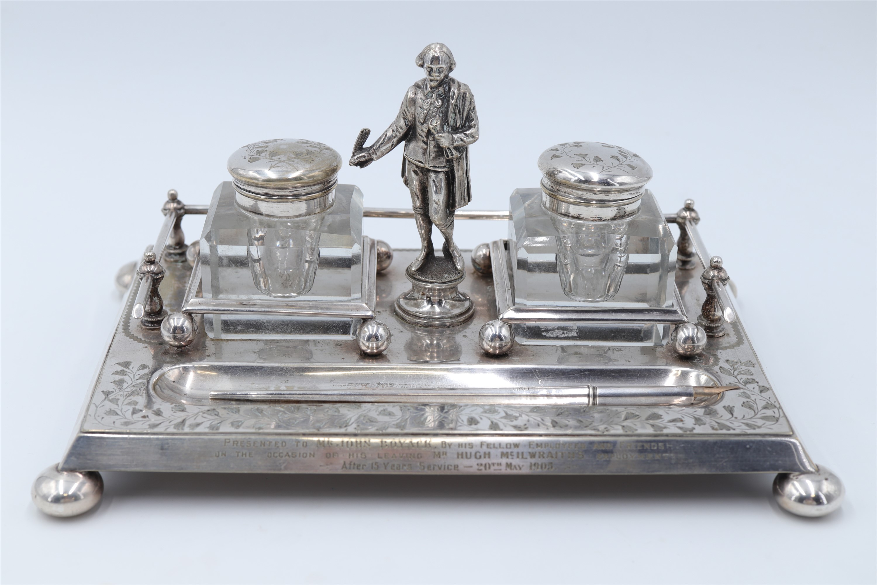 An Edwardian figural electroplate ink standish incorporating a figure of Shakespeare, together