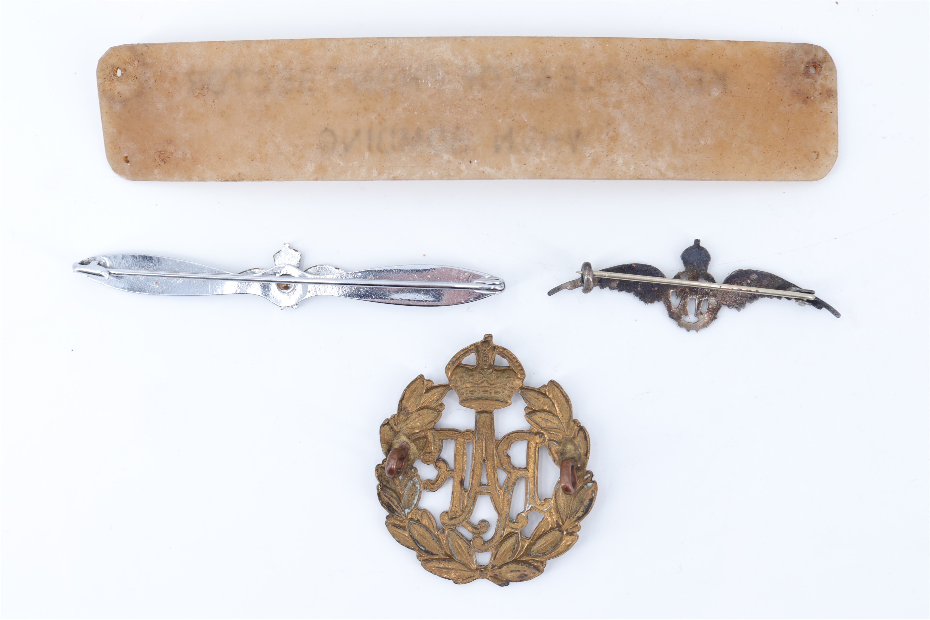 An RAF cap badge, enamelled Sterling white metal and other sweetheart brooches and a "Keep Clear - Image 2 of 2