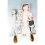 Three Victorian wax headed dolls, variously having painted wood, composition and fabric limbs,