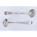 Two 19th Century provincial silver toddy ladles, fiddle pattern, one having a shell terminal, each